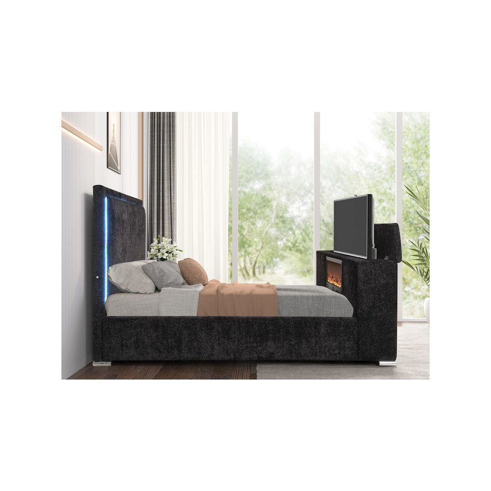 Modern Upholstered Bed Frame with Hidden TV Lift Storage, Queen, Black. Picture 6