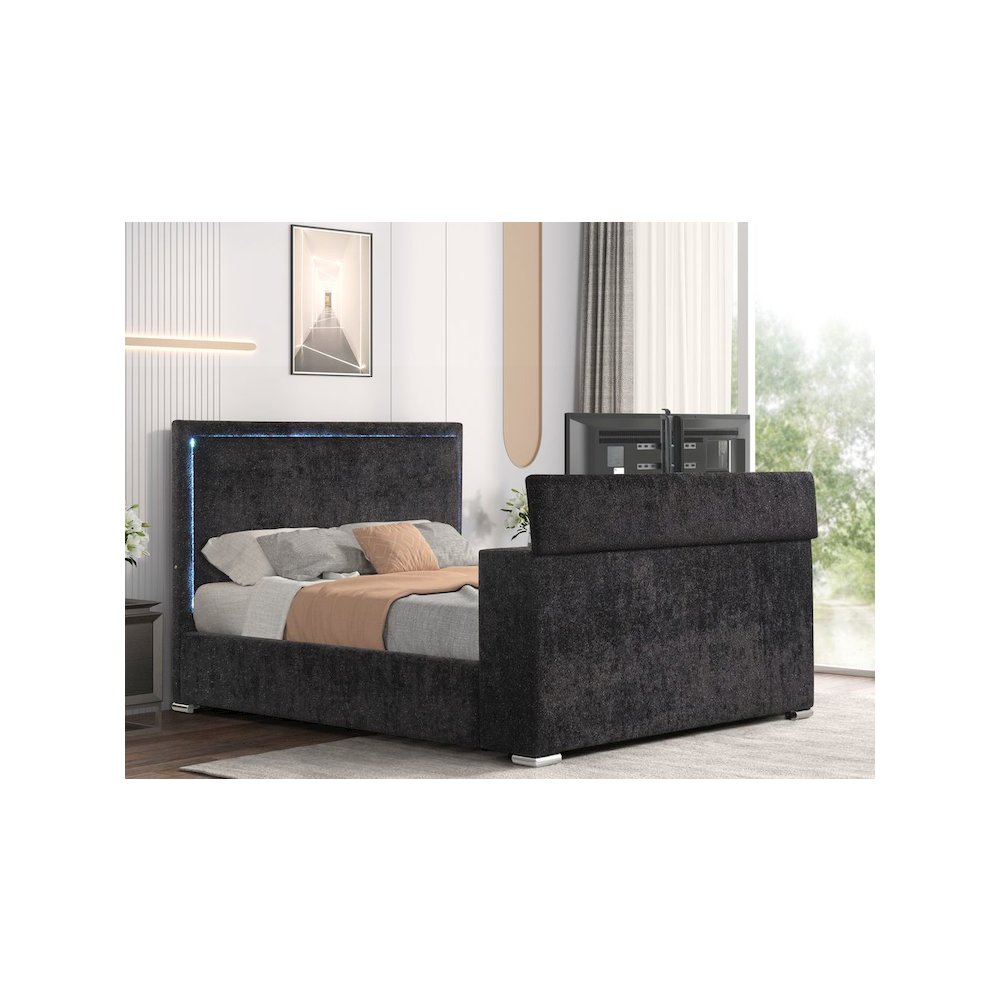 Modern Upholstered Bed Frame with Hidden TV Lift Storage, Queen, Black. Picture 5