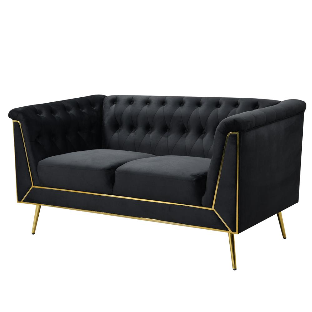 Ninian Black Velvet with Gold Accent Loveseat. Picture 1
