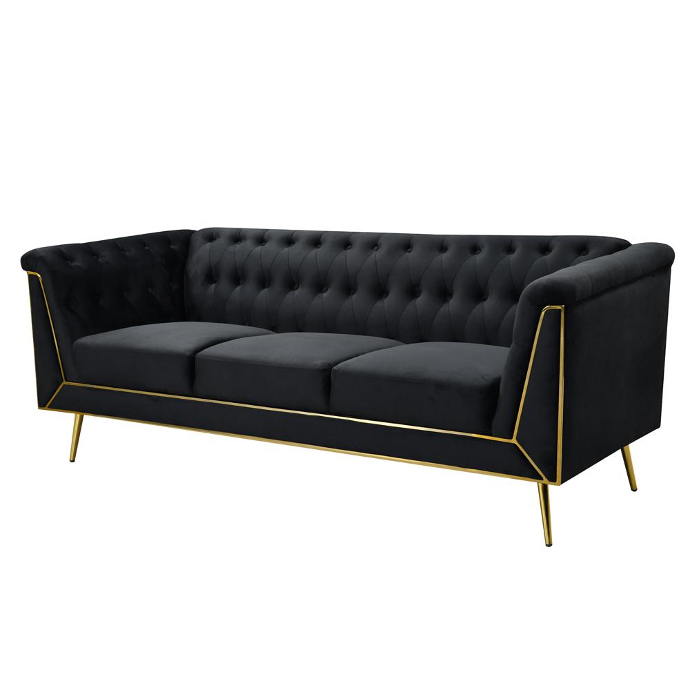 Ninian Black Velvet with Gold Accent Sofa. Picture 1