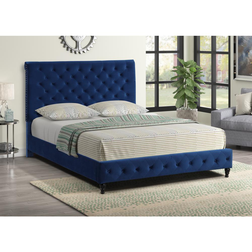 Ashley Tufted Velvet Fabric King Platform Bed in Blue. Picture 2