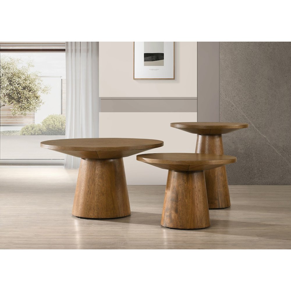 Terra Transitional Round End Table with Pedestal Base, Walnut. Picture 2