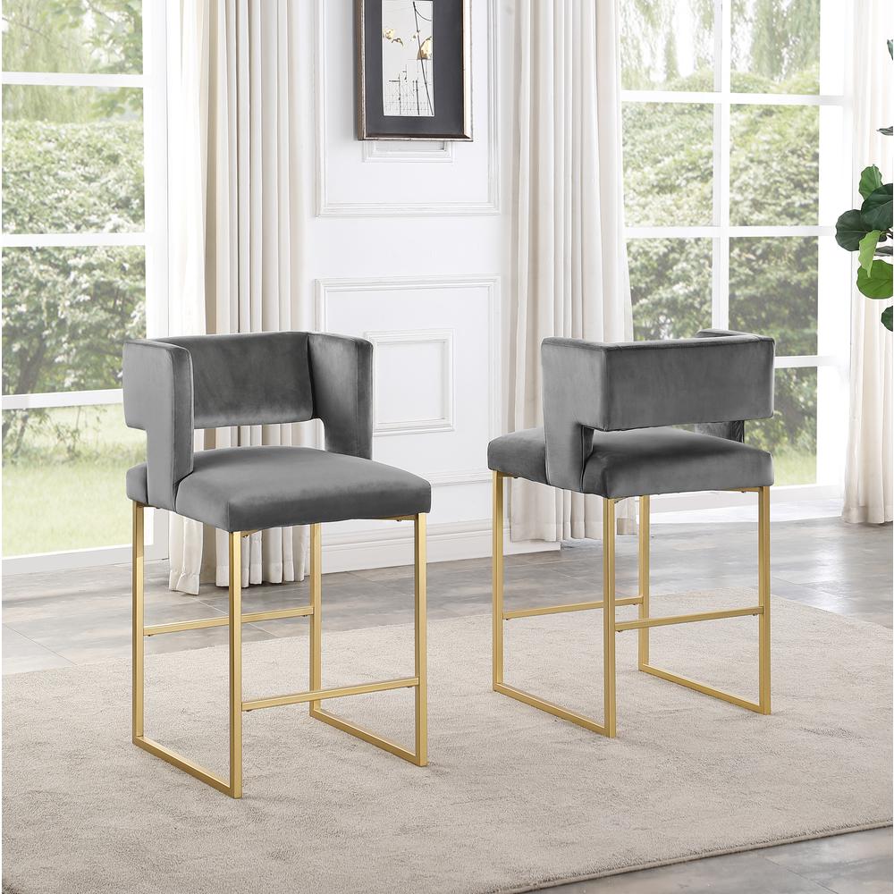 Lynx Gray Velvet Bar Stools in Gold (Set of 2). Picture 3