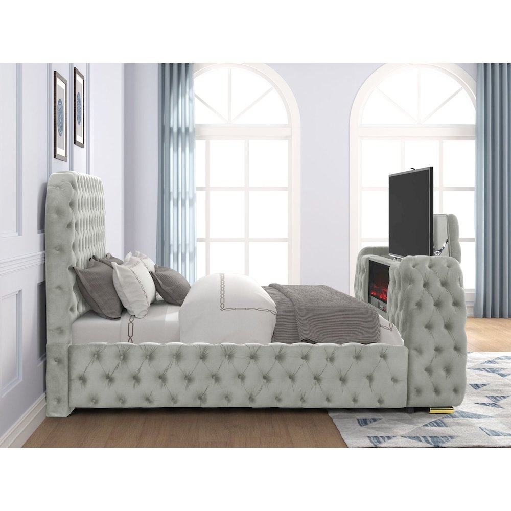 Brielle Upholstered Velvet Bed Frame with TV Stand & Fireplace, Queen, Grey. Picture 7