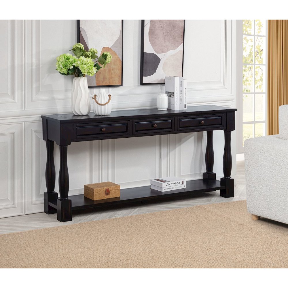 Delphina Rectangle Transitional Console Table with 3 Drawers, Espresso. Picture 3