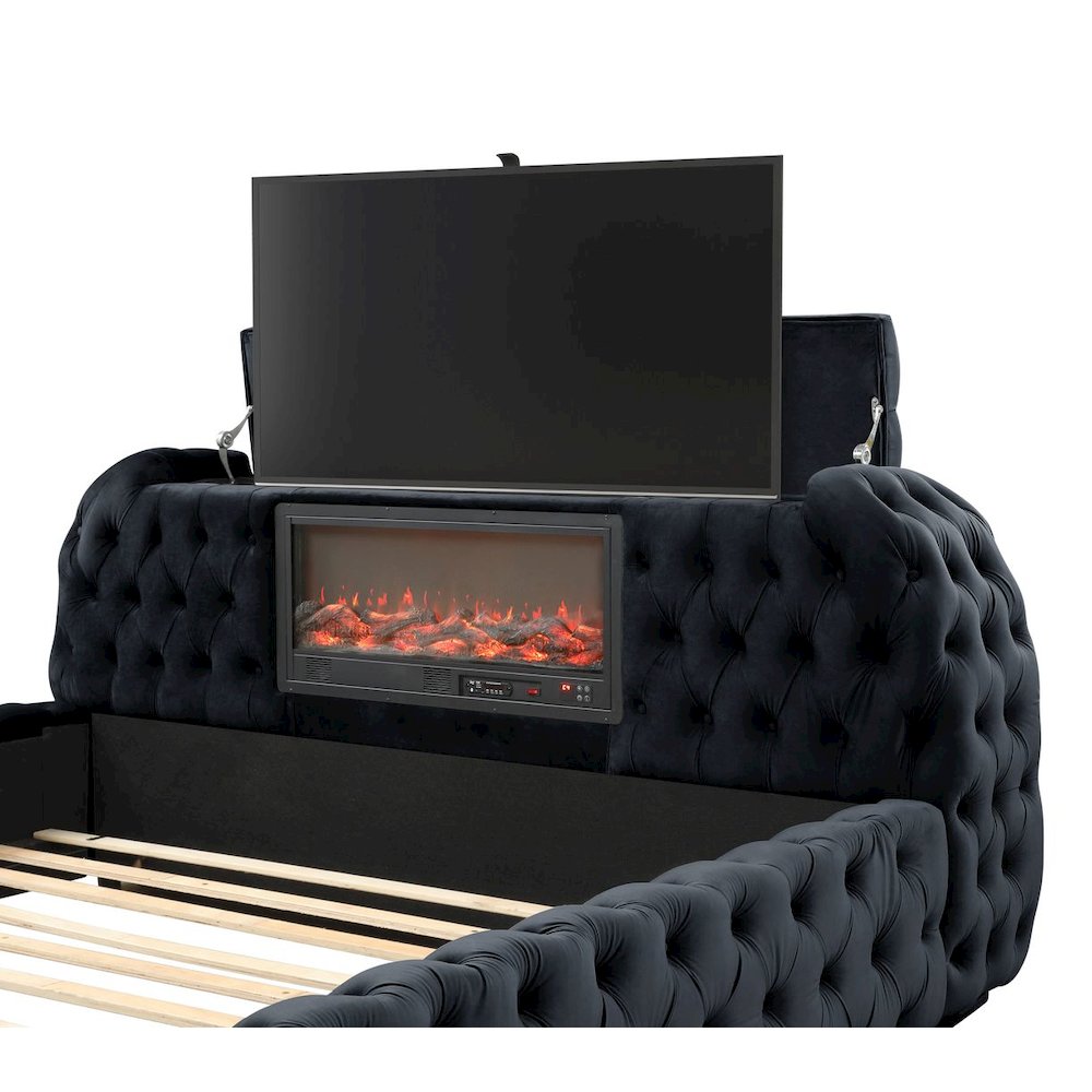Upholstered Velvet Bed Frame with TV Stand & Fireplace, Eastern King, Black. Picture 4
