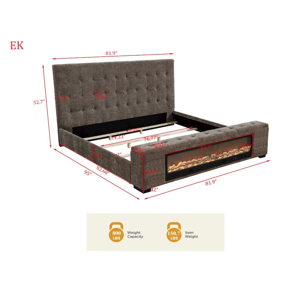 Upholstered Bed Frame with LED Fireplace Footboard, Eastern King, Grey Chenille. Picture 8