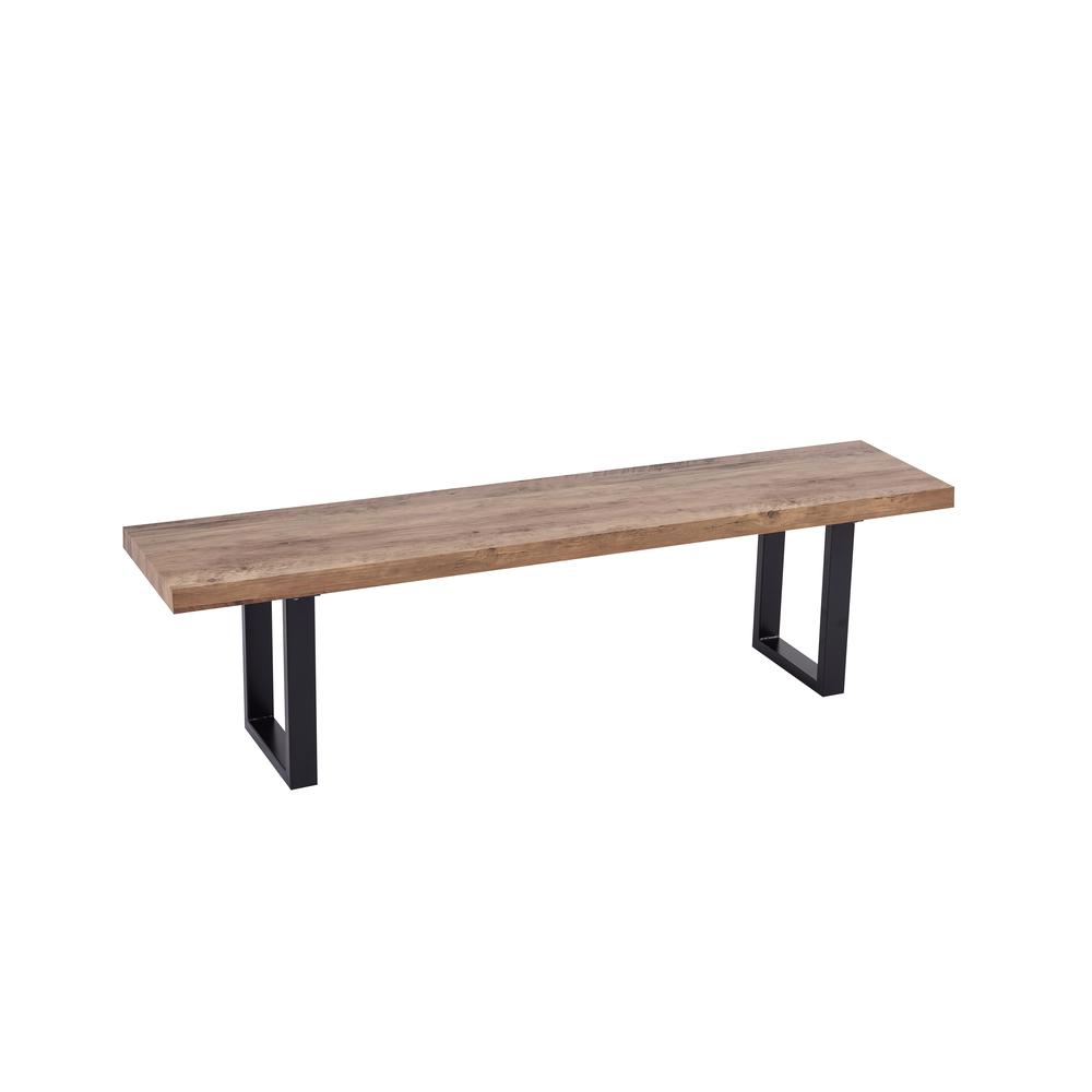 Bazely Industrial Chic Rectangular Oak Wood Dining Bench with Black Base. Picture 1