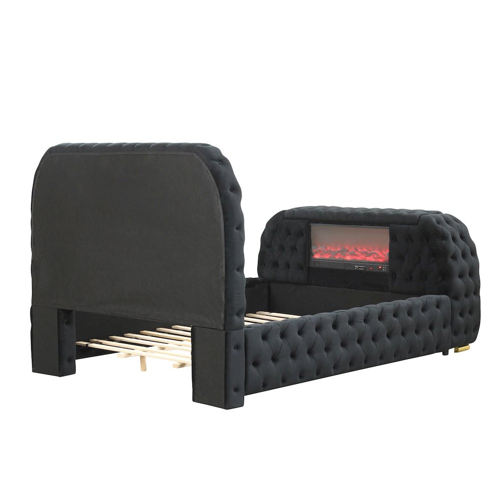 Upholstered Velvet Bed Frame with TV Stand & Fireplace, Eastern King, Black. Picture 2