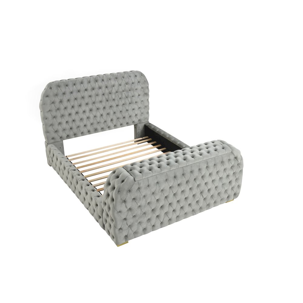 Brielle Upholstered Velvet Bed Frame with TV Stand & Fireplace, Queen, Grey. Picture 3