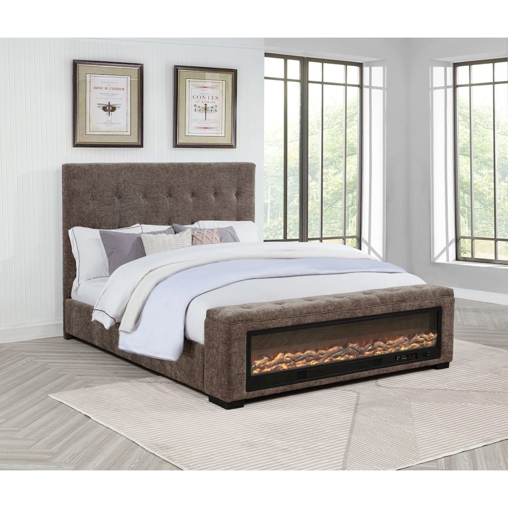 Upholstered Bed Frame with LED Fireplace Footboard, Eastern King, Grey Chenille. Picture 2
