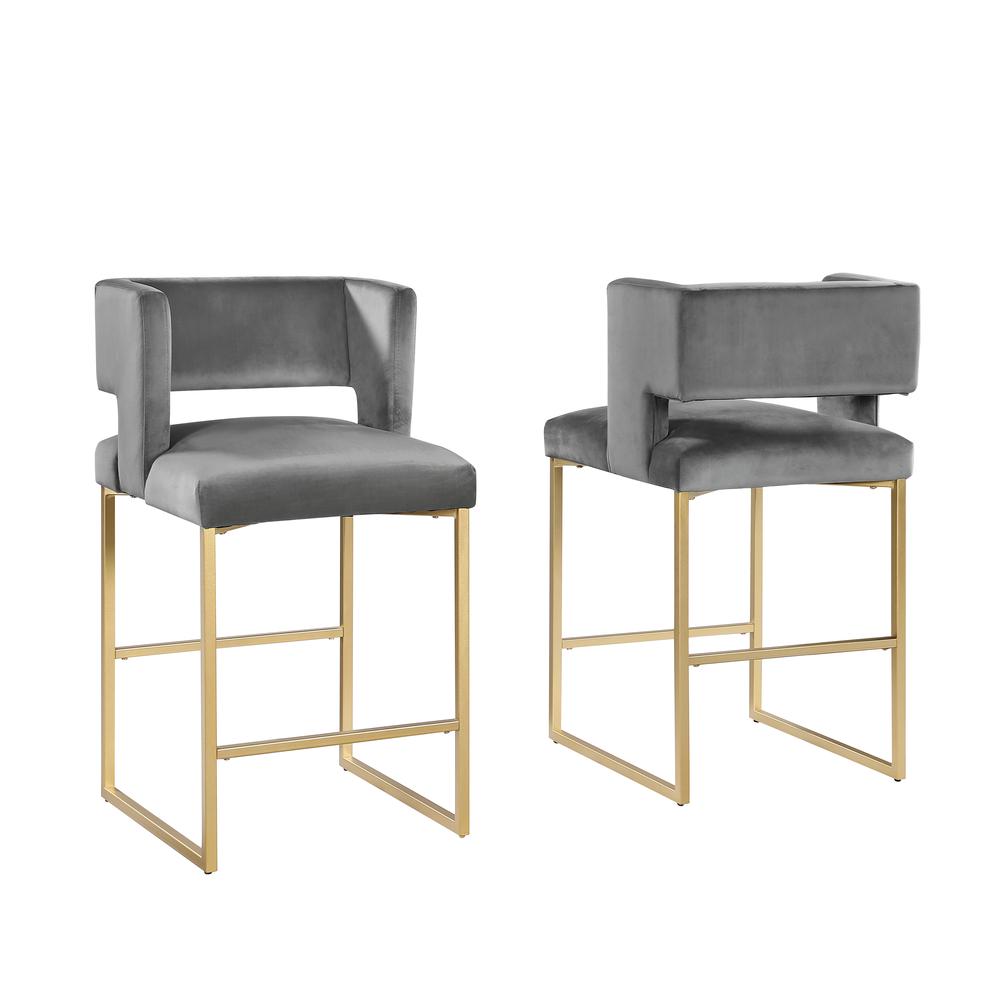 Lynx Gray Velvet Bar Stools in Gold (Set of 2). Picture 2