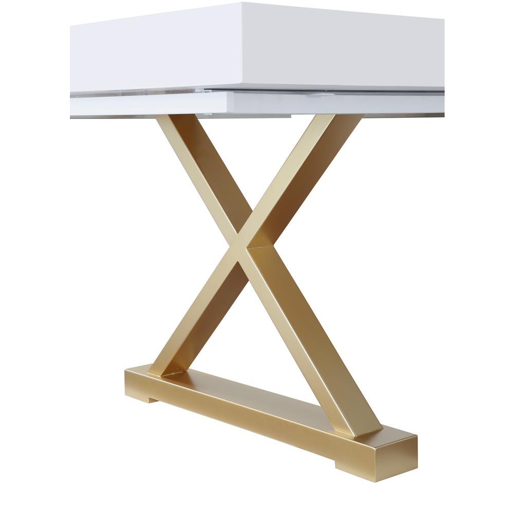 Tyrion Rectangle Extendable Modern White Dining Table in Brushed Gold. Picture 3