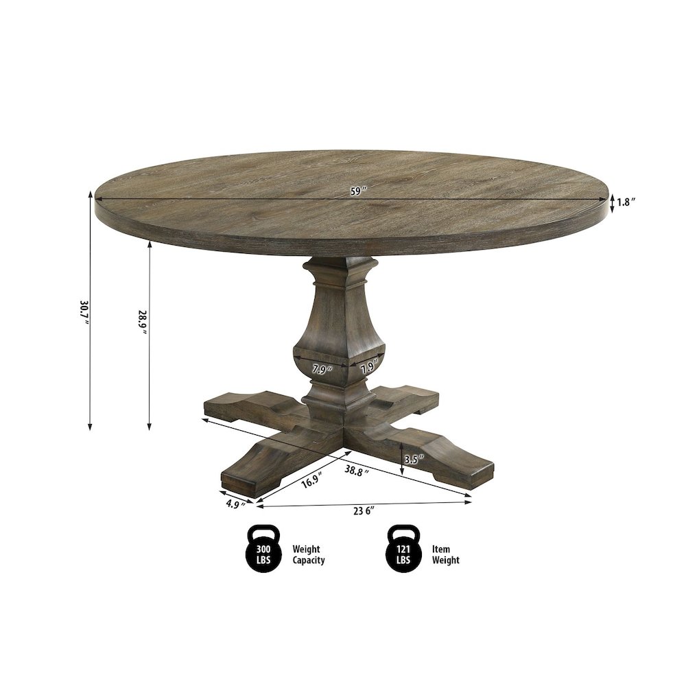 Transitional Round Dining Table with Pedestal Base, Reclaimed Weather Grey. Picture 3