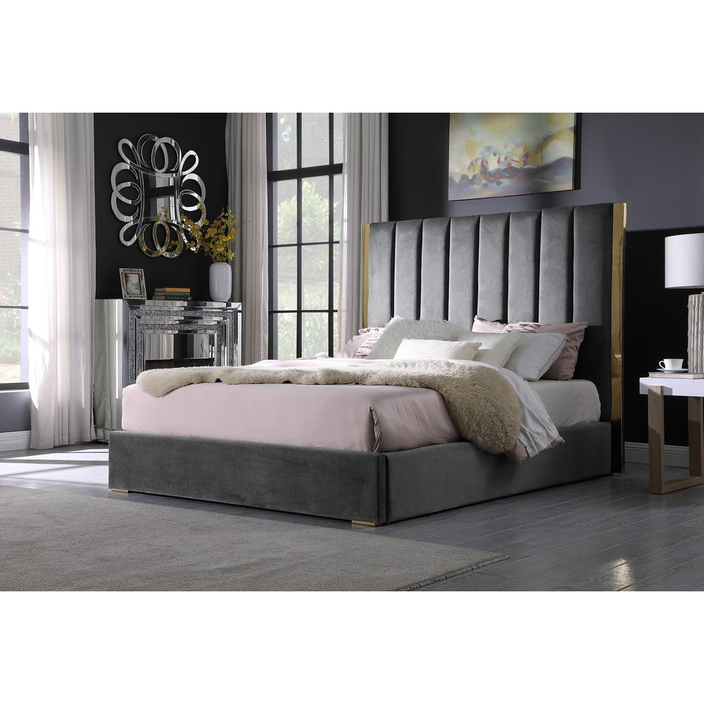 Jalen Dark Gray Velvet Queen Platform Bed with Gold Accents. Picture 2
