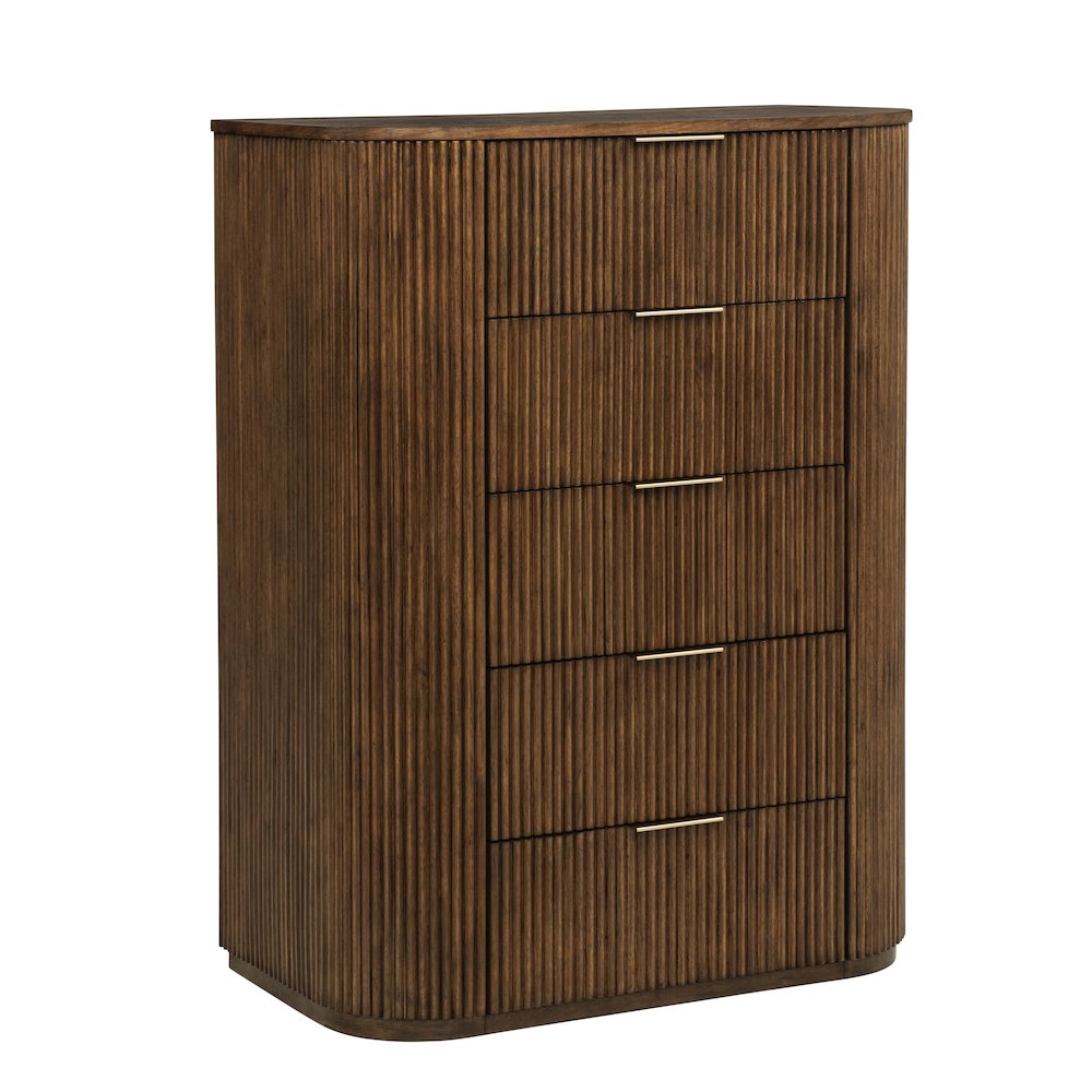 Quintet 48" Modern Fluted 5-Drawer Tallboy Chest, White Oak Veneer - Brown. Picture 1