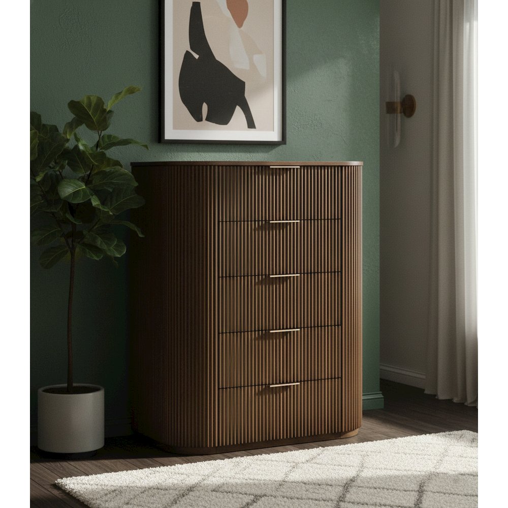 Quintet 48" Modern Fluted 5-Drawer Tallboy Chest, White Oak Veneer - Brown. Picture 4
