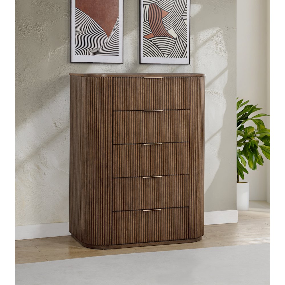 Quintet 48" Modern Fluted 5-Drawer Tallboy Chest, White Oak Veneer - Brown. Picture 3