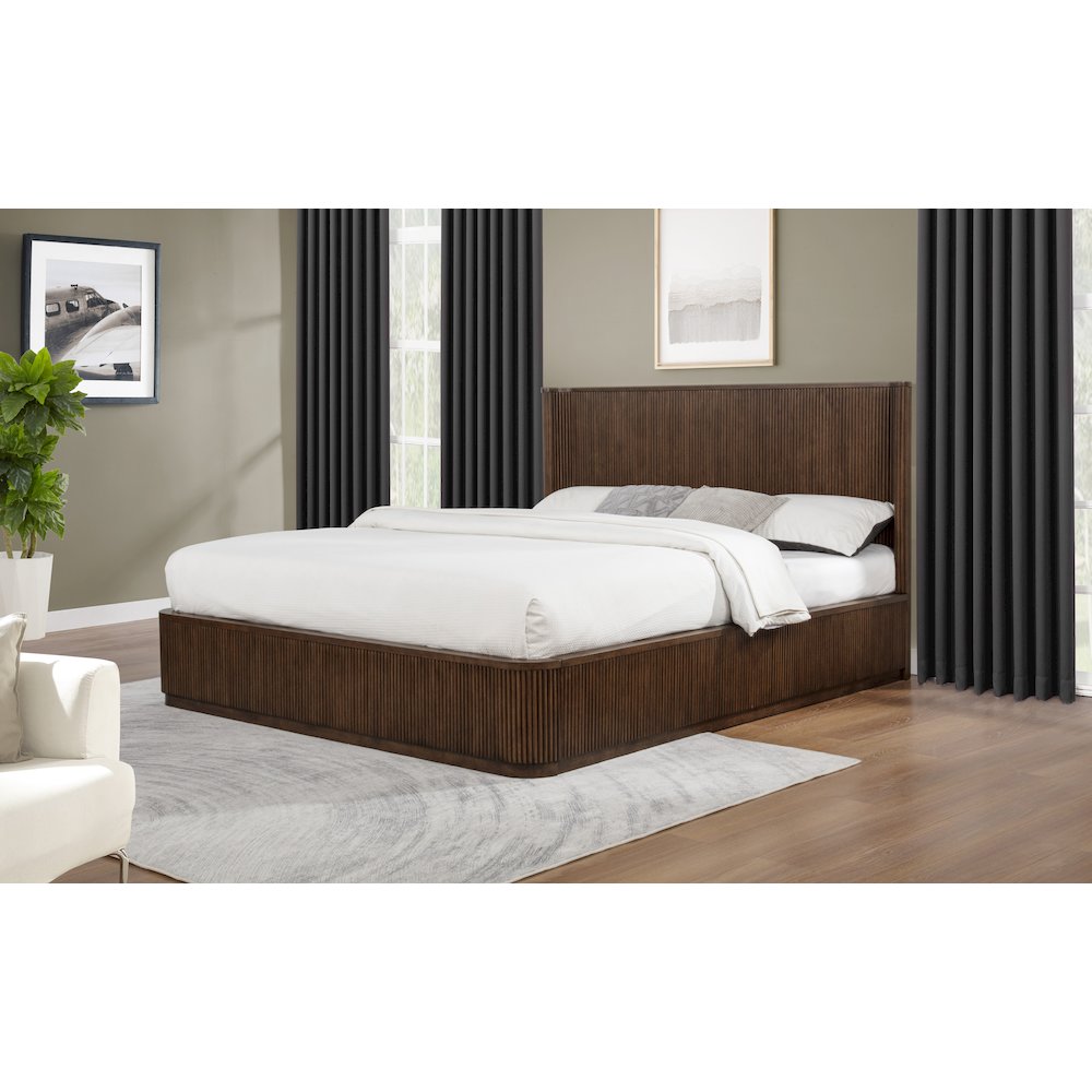 Quintet Eastern King Platform Bed Frame, Modern Fluted Headboard - Brown. Picture 2