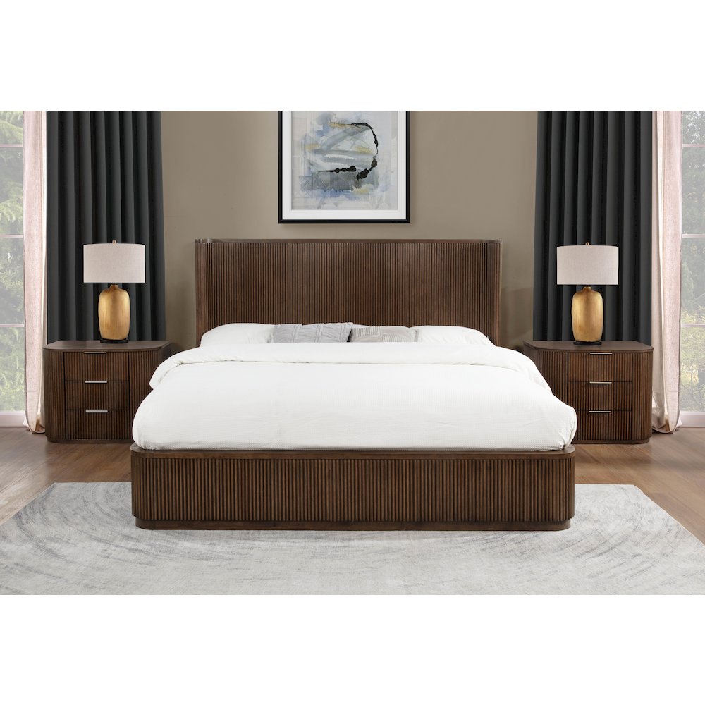 Quintet Eastern King Platform Bed Frame, Modern Fluted Headboard - Brown. Picture 4