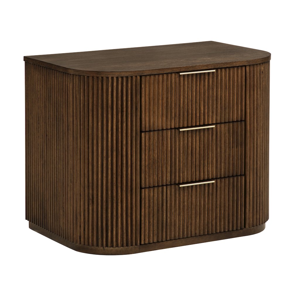 Quintet 30" Wide Modern Fluted 3-Drawer Nightstand, Curved Design - Brown. Picture 1