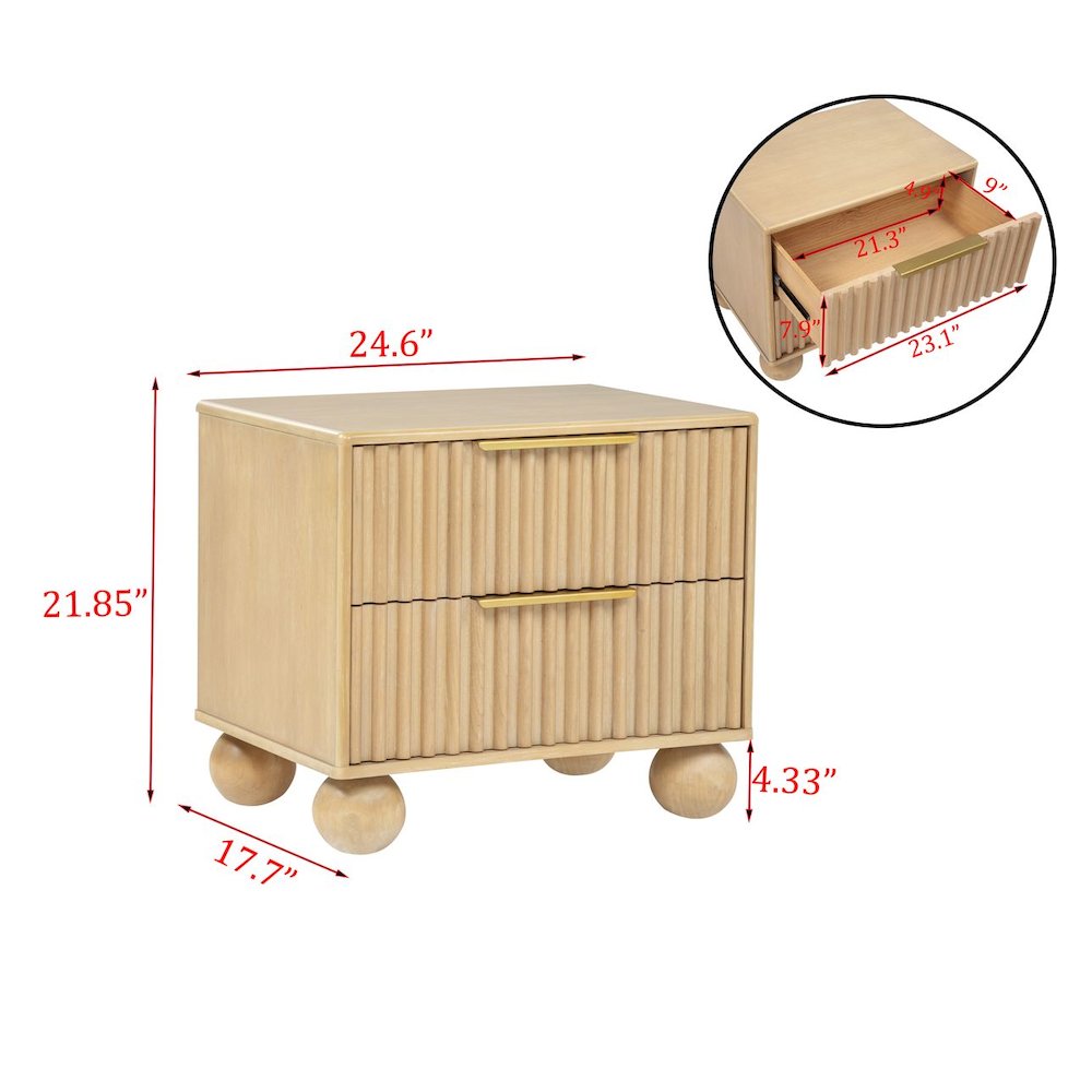 Daplen Scandinavian Modern 2-Drawer Nightstand with Rounded Legs, Light Oak. Picture 4