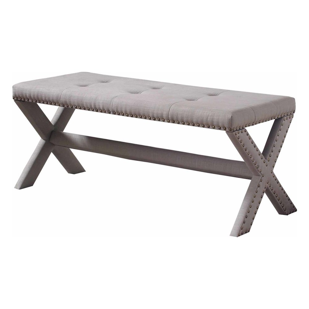 Best Master Fabric Upholstered Rectangular Accent Bench in Gray/Nail heads. Picture 1