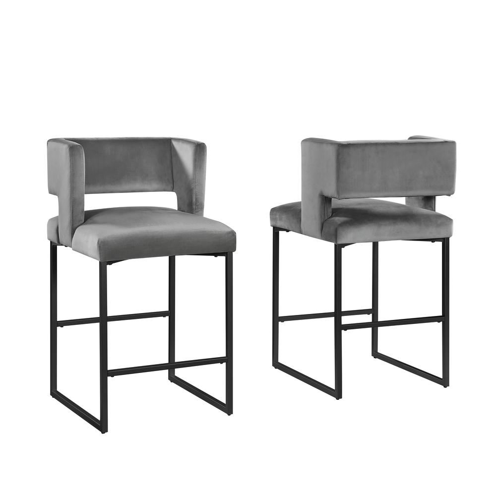 Lynx Gray Velvet Bar Stools in Matte Black (Set of 2). Picture 2