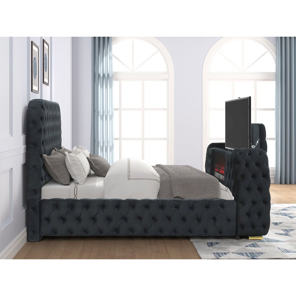 Brielle Upholstered Velvet Bed Frame with TV Stand & Fireplace, Queen, Black. Picture 7