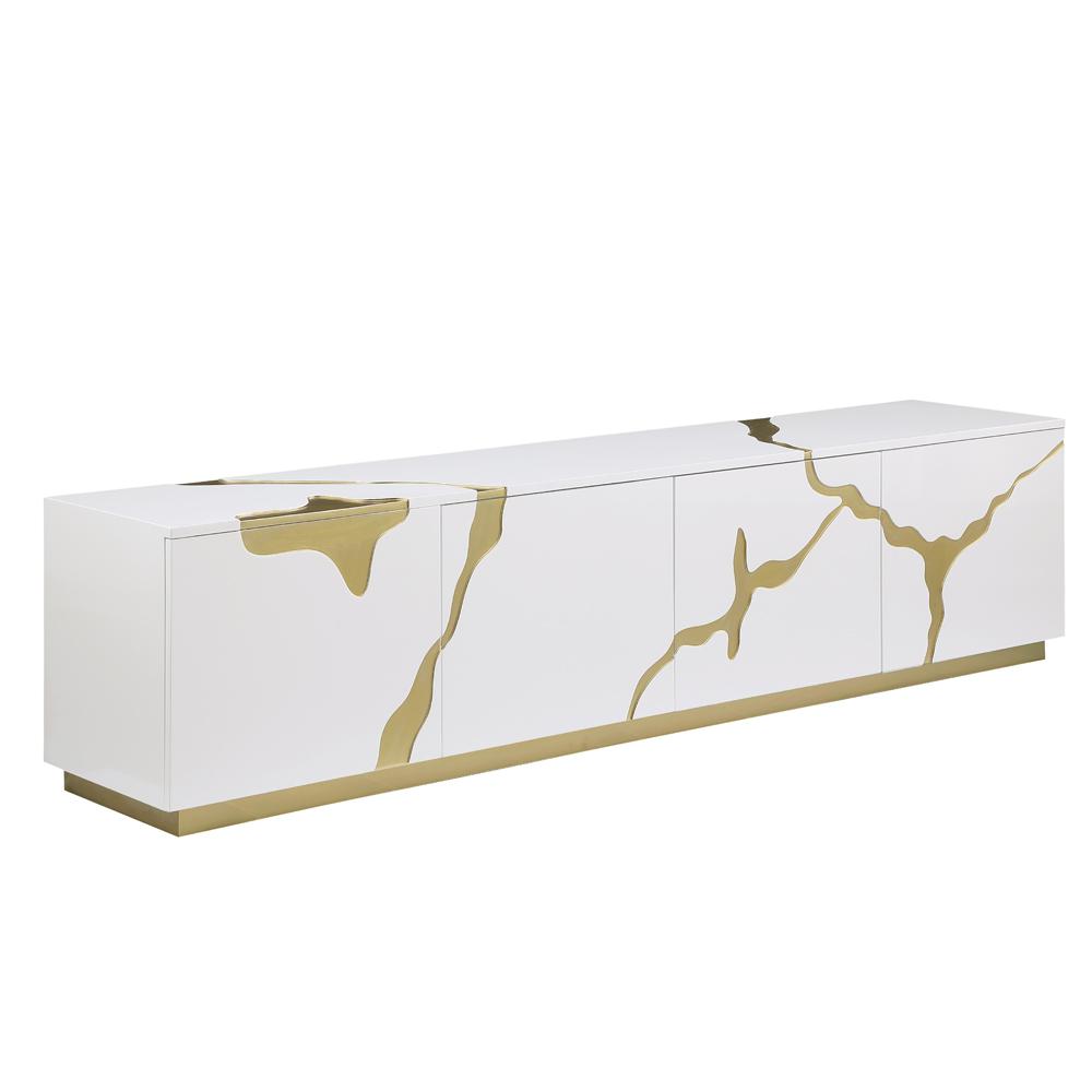 Ronnie White Lacquer T.V Stand with Gold Accents. Picture 1