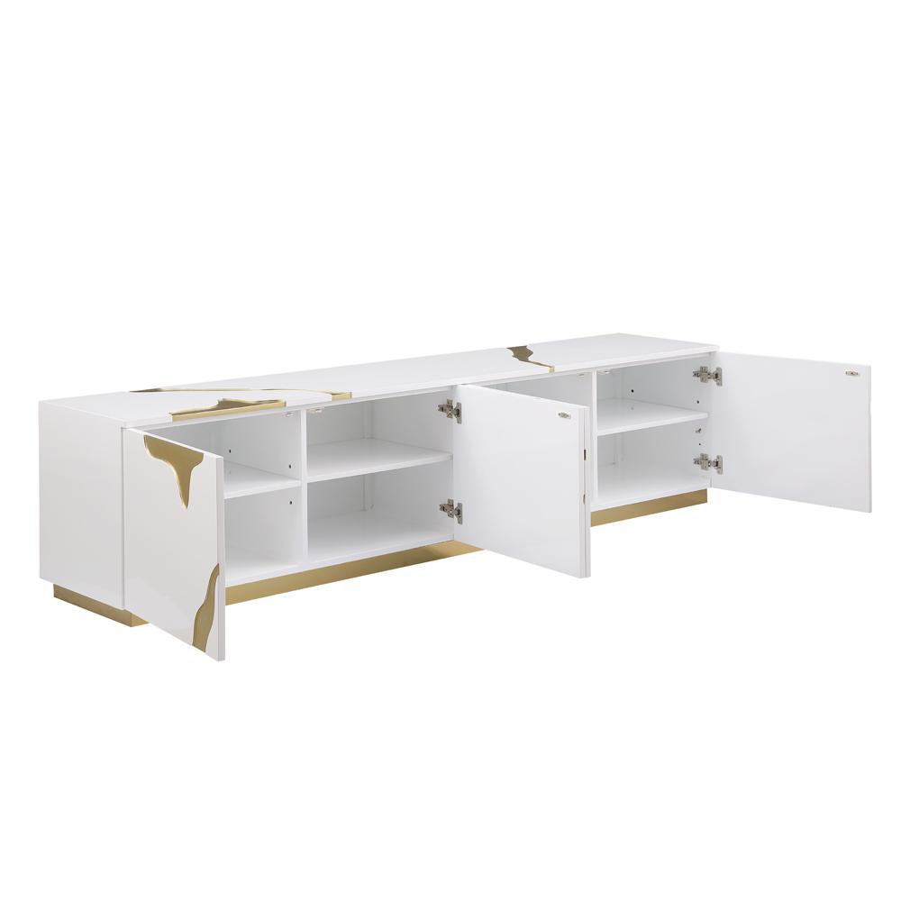 Ronnie White Lacquer T.V Stand with Gold Accents. Picture 2