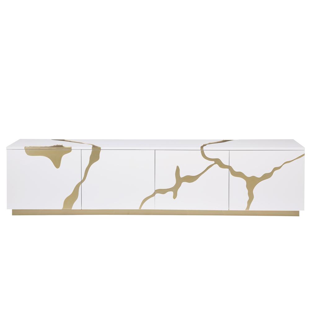 Ronnie White Lacquer T.V Stand with Gold Accents. Picture 3