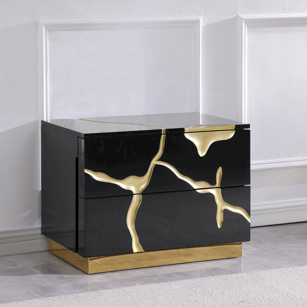 Trevello High-Gloss Lacquered Right Nightstand, Gold Accents (Black). Picture 9