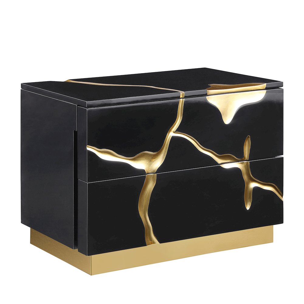 Trevello High-Gloss Lacquered Right Nightstand, Gold Accents (Black). Picture 1