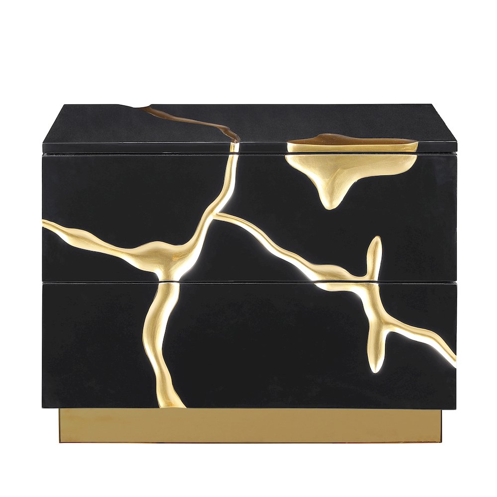 Trevello High-Gloss Lacquered Right Nightstand, Gold Accents (Black). Picture 2