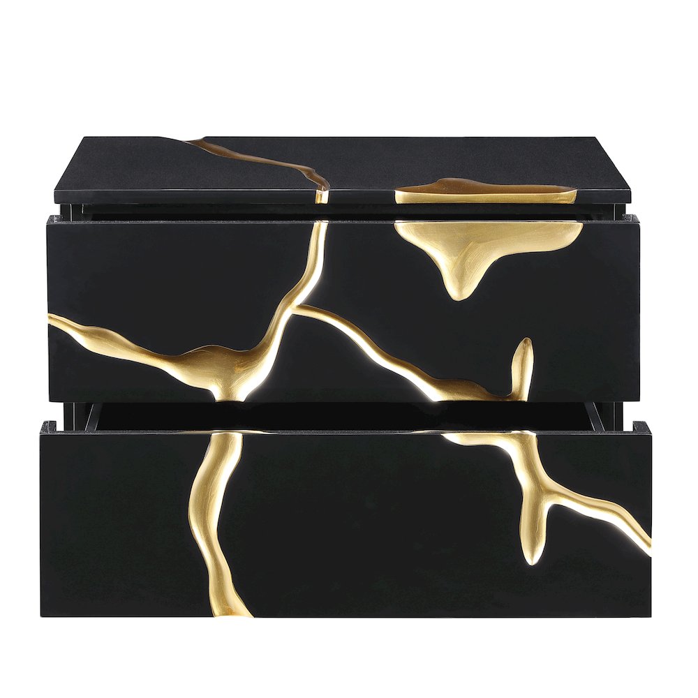 Trevello High-Gloss Lacquered Right Nightstand, Gold Accents (Black). Picture 6