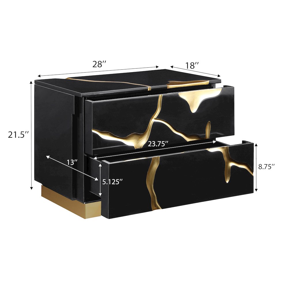 Trevello High-Gloss Lacquered Right Nightstand, Gold Accents (Black). Picture 7