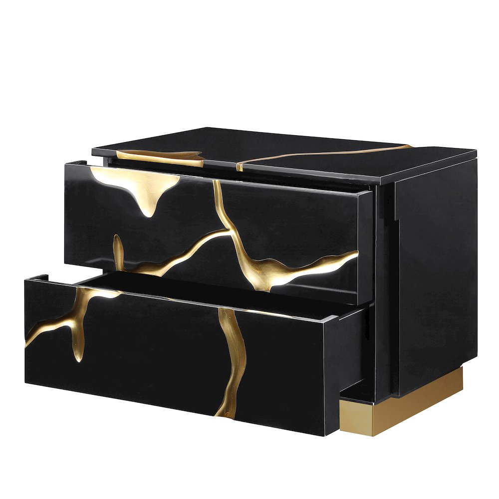 Trevello High-Gloss Lacquered Right Nightstand, Gold Accents (Black). Picture 5