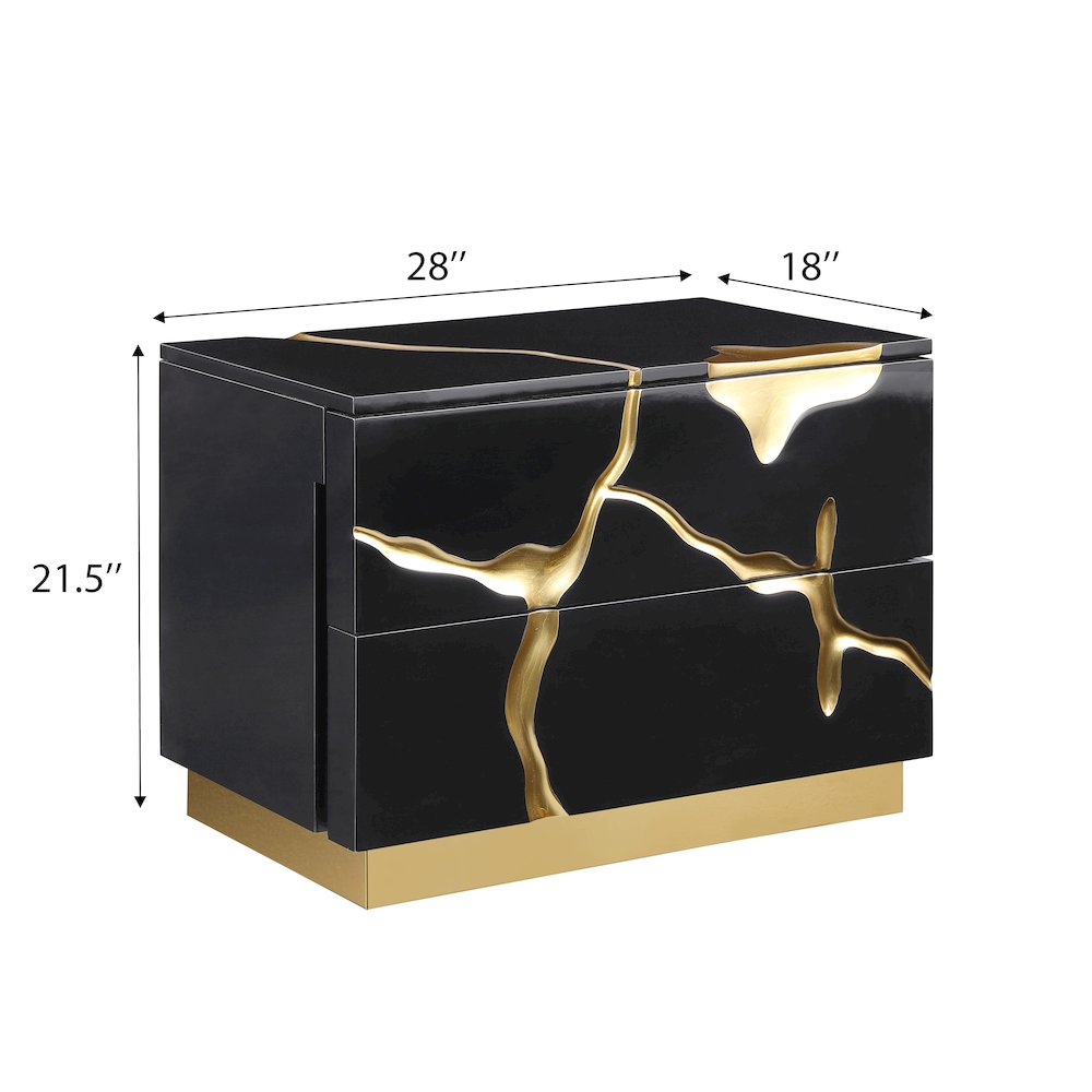 Trevello High-Gloss Lacquered Right Nightstand, Gold Accents (Black). Picture 4