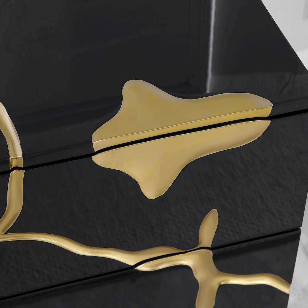 Trevello High-Gloss Lacquered Right Nightstand, Gold Accents (Black). Picture 8