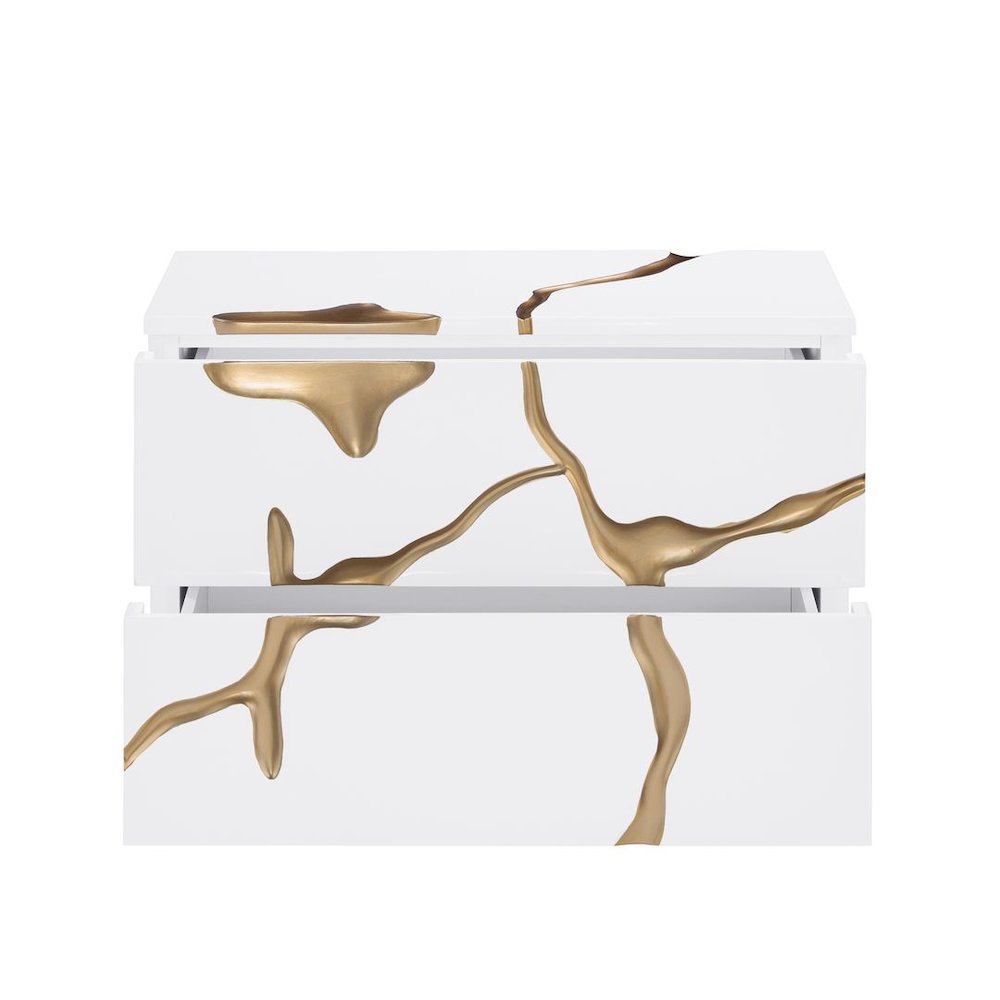 Trevello High-Gloss Lacquered Left Nightstand, Gold Accents (White). Picture 4