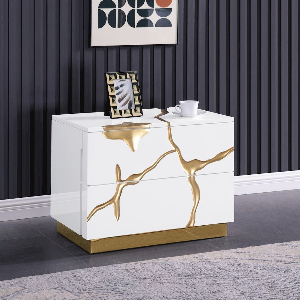 Trevello High-Gloss Lacquered Left Nightstand, Gold Accents (White). Picture 9