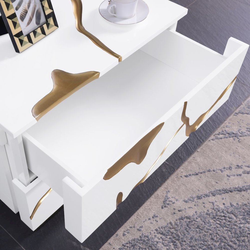 Trevello High-Gloss Lacquered Left Nightstand, Gold Accents (White). Picture 8
