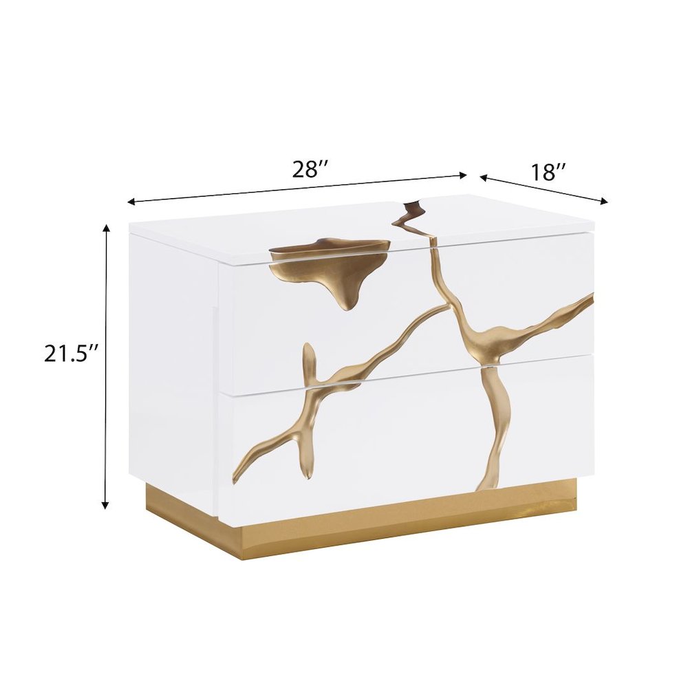 Trevello High-Gloss Lacquered Left Nightstand, Gold Accents (White). Picture 7