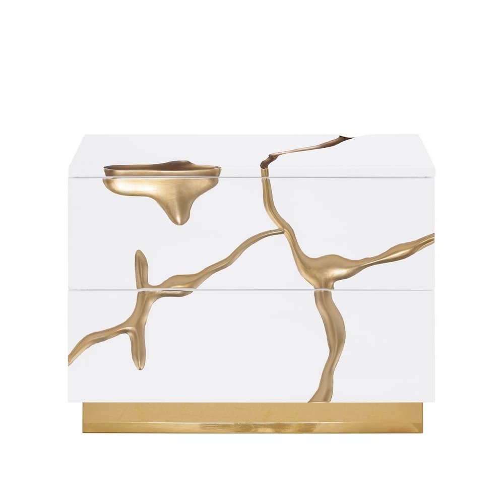 Trevello High-Gloss Lacquered Left Nightstand, Gold Accents (White). Picture 2