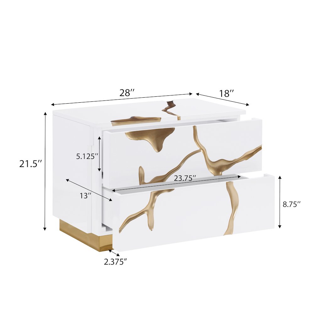Trevello High-Gloss Lacquered Left Nightstand, Gold Accents (White). Picture 6
