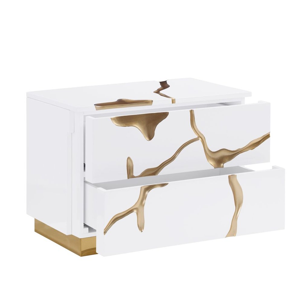 Trevello High-Gloss Lacquered Left Nightstand, Gold Accents (White). Picture 5