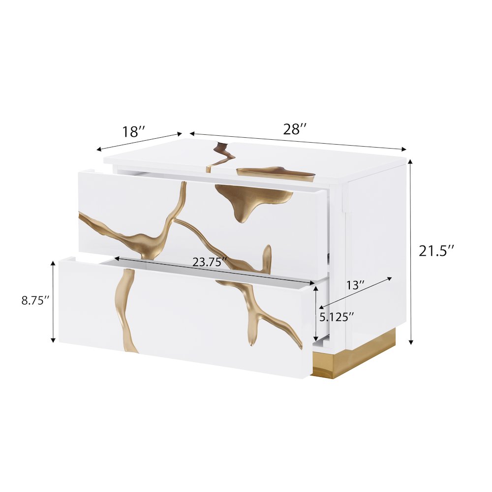 Trevello High-Gloss Lacquered Right Nightstand, Gold Accents (White). Picture 7