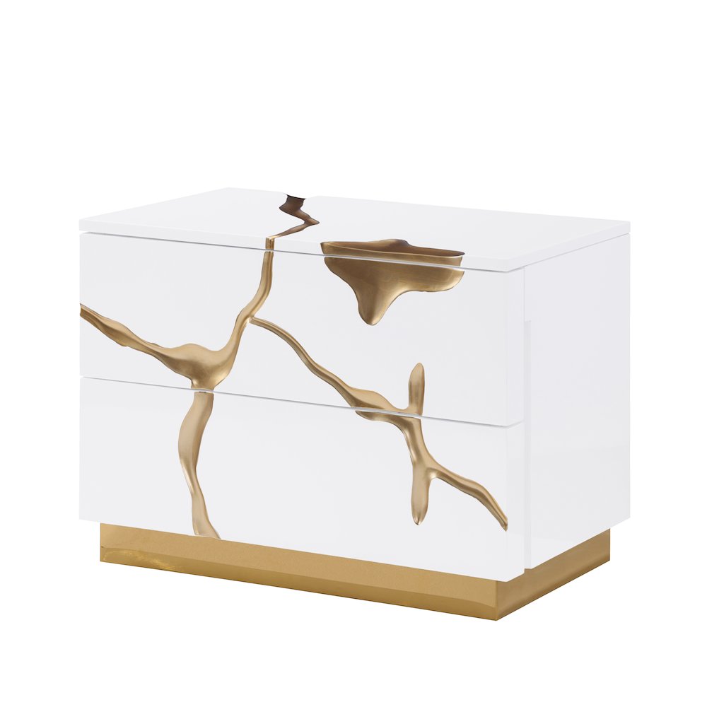Trevello High-Gloss Lacquered Right Nightstand, Gold Accents (White). Picture 1