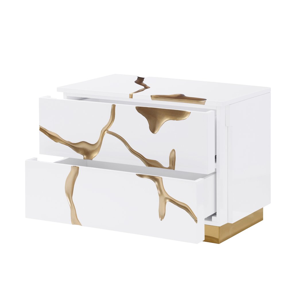 Trevello High-Gloss Lacquered Right Nightstand, Gold Accents (White). Picture 5